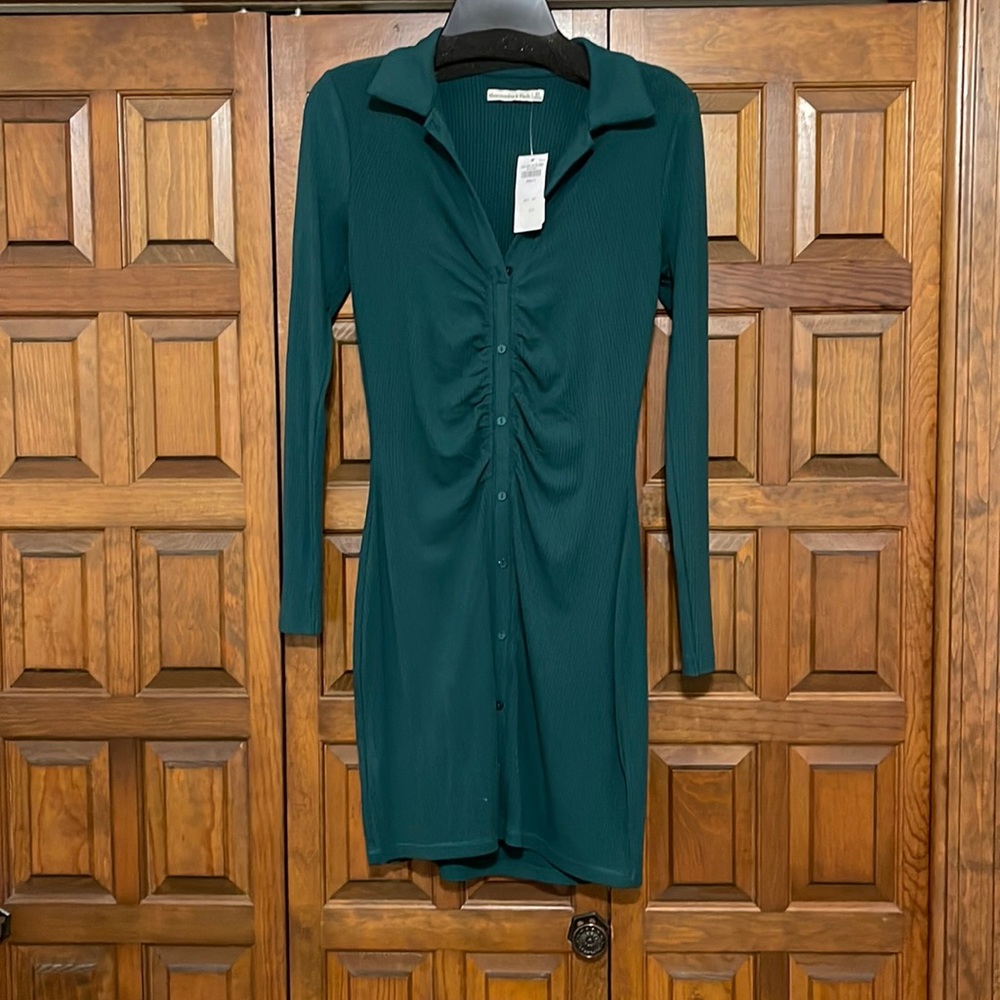 Abercrombie & Fitch Long-sleeved Rouched Shirt Dress. Small Tall. green